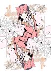  2girls :3 animal_ears asakura_neko black_eyes black_hair c2_v card card_(medium) cat_ears center_frills colored_bangs cytus cytus_ii fake_animal_ears frills garter_straps highres jack_(playing_card) jack_of_spades leaf long_sleeves multiple_girls neck_ruff paw_pose pink_eyes pink_hair pink_shorts pink_vest playing_card playing_card_(medium) rotational_symmetry shirt short_hair shorts thighhighs upside-down vest white_shirt white_thighhighs 