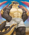  2019 abs belly_scales biceps black_scales blue_sky clothed clothing day dragon hands_on_hips hi_res looking_at_viewer male muscular muscular_male navel outside pecs quads ralphthefeline red_eyes scales scalie sky tan_scales topless wingless_dragon 