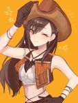  1girl ao_ringo_(yakirinngo_ha) bare_shoulders beads black_bra black_gloves blush bra bracelet breasts brown_hair brown_hat brown_vest closed_mouth commentary_request cowboy_hat cowgirl_(western) crisis_core:_final_fantasy_vii crop_top cropped_vest feather_hair_ornament feathers final_fantasy final_fantasy_vii final_fantasy_vii_rebirth final_fantasy_vii_remake fringe_trim gloves hair_beads hair_ornament hand_on_own_hip hat hat_tip highres jewelry long_hair looking_at_viewer medium_breasts midriff navel one_eye_closed open_clothes open_vest orange_background red_eyes signature smile solo star_(symbol) tifa_lockhart tifa_lockhart_(cowgirl) underwear upper_body vest 