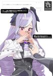  1boy 1girl ascot black_nails blush bow bowtie breasts commentary_request drill_hair frills gem hairband highres long_hair long_sleeves mole mole_under_eye multicolored_hair naa_onn own_hands_together pointy_ears purple_ascot purple_bow purple_bowtie purple_gem purple_hair purple_hairband red_eyes shirt shrug_(clothing) spread_legs streaked_hair translation_request vivian_banshee white_background white_shrug wise_(zenless_zone_zero) zenless_zone_zero 