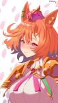  1girl absurdres animal_ears armor blush breasts closed_mouth crown hair_between_eyes highres horse_ears horse_girl large_breasts long_sleeves looking_at_viewer mibukyt mini_crown orange_hair pink_crown purple_eyes shirt short_hair shoulder_armor smile solo t.m._opera_o_(o_sole_suo!)_(umamusume) t.m._opera_o_(umamusume) umamusume upper_body white_shirt 