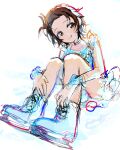  1girl braid braided_bangs brown_eyes brown_hair child commentary_request figure_skating figure_skating_dress hands_on_own_legs highres ice_skates medalist_(manga) sakumoch_24 short_hair skates smile yuitsuka_inori 