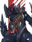 2026 3:4 4_fingers abdominal_scar ambiguous_anthro ambiguous_gender anthro anthrofied arm_belt beak bent_arm biped blue_body blue_fur capcom claws crotch_tuft digital_drawing_(artwork) digital_media_(artwork) ear_piercing ear_ring fan_character featureless_crotch finger_claws fingers flying_wyvern fur gale_(nargacuga) glistening glistening_eyes grey_beak hi_res iris looking_at_viewer male monster_hunter mouth_closed multicolored_body nargacuga no_sclera nude nude_ambiguous nude_anthro piercing portrait pose pupils red_eyes red_inner_ear ring_piercing scar scuted_arms scutes shaded slit_pupils solo standing tail three-quarter_portrait tuft wiosvikulan