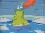 4:3 amphibian anthro barefoot bathing bathroom bathtub bev_bighead big_butt bubble butt butt_focus eyelashes feet female frog green_body green_skin hair half-closed_eyes lips looking_back narrowed_eyes nickelodeon nude rear_view red_hair rocko's_modern_life rockosedits smile soles solo thick_lips tile tile_wall toes wall_(structure) water