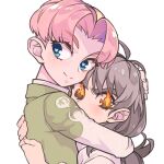  2boys androgynous antenna_hair atsui_yuujou black_hair blue_eyes blush brothers child closed_mouth clothes_writing collared_shirt dougi eyelashes flaming_eyes green_jacket hair_behind_ear hand_on_another's_head hands_on_another's_back heart heart-shaped_pupils height_difference hug incest jacket long_hair looking_to_the_side male_focus meme_(aoume) multiple_boys orange_eyes parted_bangs parted_hair pink_hair print_sleeves school_uniform shirt siblings simple_background smile sugita_doryouku symbol-shaped_pupils thick_eyebrows tottemo!_luckyman two-tone_sleeves undercut upper_body white_background yaoi 