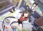  1girl ahoge arm_support bare_legs barefoot billbung black_shorts blue_archive blush book brown_hair buttons chair collarbone collared_shirt curled_horns demon_tail desk dutch_angle dynamite emblem explosive feet flat_chest food from_above full_body game_asset hair_intakes hair_over_shoulder halo highres horns huge_ahoge indoors kasumi_(blue_archive) knee_up lab_coat long_hair looking_at_viewer map_(object) marker messy_room microwave non-web_source office_chair official_art on_floor open_mouth paper plate red_shirt self-datamine shirt shirt_tucked_in shoes short_shorts shorts sidelocks sitting slippers smile solo spread_legs steamed_bun swept_bangs swivel_chair tail toes unworn_shoes v-shaped_eyebrows white_halo wooden_box yellow_eyes 