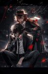  2boys absurdres bandage_over_one_eye bandaged_arm bandaged_neck bandages baocaizi black_gloves black_hair black_hat black_necktie blue_eyes brown_hair bungou_stray_dogs dazai_osamu_(bungou_stray_dogs) english_commentary english_text glock gloves gun hair_between_eyes hair_over_one_eye handgun hat highres holding holding_gun holding_weapon indoors leaning_forward letterboxed long_hair looking_at_viewer male_focus multiple_boys nakahara_chuuya_(bungou_stray_dogs) necktie one_eye_covered parted_lips short_hair sitting spread_legs standing suit weapon 