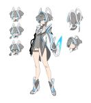  1girl ackchyually_(meme) arms_at_sides blue_eyes blue_streaks boots buck_teeth chinese_commentary closed_mouth commentary ear_cuffs full_body genderswap genderswap_(mtf) gloves goz-zz grey_boots grey_gloves grey_hair grey_jacket hair_intakes high_heel_boots high_heels highres holding holding_weapon jacket kamen_rider kamen_rider_my-th kamen_rider_my-th_(series) looking_at_viewer meme multicolored_hair multiple_expressions multiple_views open-toe_boots pointing pointing_at_self pointing_up rider-tan rider_belt short_eyebrows short_twintails shoulder_belt simple_background smile solo standing streaked_hair teeth thigh_strap toenails tokusatsu twintails unitard weapon white_background white_streaks 