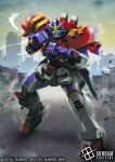  city clenched_hand commentary_request company_name copyright_logo copyright_name copyright_notice g_gundam glowing glowing_eyes green_eyes gun gundam gundam_card_game gundam_maxter handgun logo looking_at_viewer mecha mecha_focus mobile_suit nagi-kaze no_humans official_art road robot rubble ruins science_fiction solo street sunset v-fin weapon 