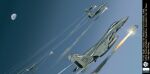  2others absurdres ace_combat air-to-air_missile aircraft airplane batookoma blue_sky commentary contrail day english_commentary english_text external_fuel_tank f-15_eagle fighter_jet firing flying highres military_vehicle missile missile_trail moon multiple_aircraft multiple_others original osean_flag pilot sepia sky vehicle_focus 