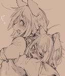  ambiguous_gender anthro blush canid canine canis domestic_dog hair hi_res hug hugging_from_behind kemono mammal messy_hair monochrome open_mouth teeth 川途 