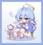  1girl alternate_costume bare_shoulders blue_hair chair chibi chibi_only commentary_request cup dafu_zhentan detached_sleeves dress earrings green_eyes hair_between_eyes halo head_wings high_heels highres holding holding_cup honkai:_star_rail honkai_(series) jewelry long_hair long_sleeves robin_(honkai:_star_rail) saucer shoes sitting solo table teacup teapot white_dress wings 