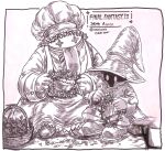  1boy 1other anniversary bib black_mage_(final_fantasy) boots bow bowtie chef_hat coat commentary copyright_name final_fantasy final_fantasy_ix flower_basket full_body gloves glowing glowing_eyes greyscale hat highres holding_head_wreath looking_at_another monochrome oablamh panties quina_quen sitting striped_clothes striped_panties tongue tongue_out twitter_username underwear untranslatable_commentary vivi_ornitier white_background witch_hat 