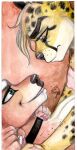 2024 acacia_(mjw_darkmode) anthro big_breasts bite biting_lip blonde_hair breasts brown_eyes cheetah choker colored_nails deer duo eyebrows eyelashes facial_markings felid feline female fur green_eyes hair head_markings hi_res holding_wrists jewelry long_nails looking_at_another makeup male male/female mammal markings mascara mjw_darkmode nails necklace pinned pinned_to_ground red_body red_fur small_ears spots spotted_markings traditional_media_(artwork) whisker_spots white_nails yellow_body yellow_fur