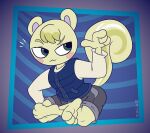 :3 abstract_background alternate_version_at_paywall animal_crossing anthro arched_back blush bottomwear clothing digital_drawing_(artwork) digital_media_(artwork) fur gavanzude gesture green_eyes hand_gesture hi_res male mammal marshal_(animal_crossing) nintendo pointing rodent sciurid short shorts signature smug solo sweater topwear tree_squirrel vest white_body white_fur