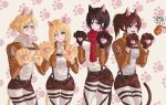  1boy 4girls animal_ears animal_hands annie_leonhart black_hair blonde_hair blue_eyes breasts brown_eyes brown_hair brown_jacket cat_ears cat_girl cat_paws cat_tail closed_mouth commentary_request connie_springer cowboy_shot cropped_jacket drooling gloves grey_eyes grey_hair hair_between_eyes hair_bun highres hood hood_down hoodie jacket jacket_over_hoodie korean_commentary krista_lenz large_breasts light_blush long_hair looking_at_food medium_breasts mikasa_ackerman military_jacket mouth_drool multiple_girls one_eye_closed open_mouth pants paradis_military_uniform parted_bangs parted_lips paw_gloves paw_pose paw_print paw_print_background ponytail potato red_scarf ripongazx sasha_blouse scarf shingeki_no_kyojin shirt short_hair smile sweatdrop tail three-dimensional_maneuver_gear training_corps_(emblem) updo very_short_hair white_hoodie white_pants white_shirt 