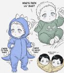 5boys ? ?? blush brothers dinosaur_costume english_commentary english_text faye_lylx highres hikaru_ga_shinda_natsu indou_hikaru male_focus mole mole_on_forehead multiple_boys multiple_moles multiple_views original out_of_frame parted_bangs science_babies short_hair siblings simple_background sitting standing tsujinaka_yoshiki twins white_background 