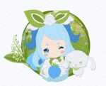  1girl absurdres aqua_eyes blue_eyes blue_hair blush_stickers commentary_request daer_maodou_(roco_kingdom:_world) flower food fruit gloves highres lily_of_the_valley long_hair long_sleeves makeup one_eye_closed roco_kingdom roco_kingdom:_world rouge_(makeup) short_eyebrows smile two_side_up white_background xiaoyang_jiangsu xueying_wawa_(lily_of_the_valley)_(roco_kingdom:_world) xueying_wawa_(roco_kingdom:_world) 