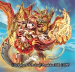  1girl 2026 ahoge brown_eyes brown_hair choker claws commentary_request copyright_notice crown dragon dragon_claw dragon_horns dragon_tail dragon_wings duel_masters duel_masters_play's fire holding holding_microphone horns huge_ahoge idol_clothes kokko_rupiko long_hair matsumoto_eight microphone midriff navel official_art open_mouth orange_shoes red_choker red_skirt shoes skirt tail thighhighs white_thighhighs wings 