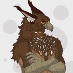 1:1 absurd_res anthro asmodeus_lll avian beak black_ears brown_body brown_eyebrows brown_feathers brown_fur claws eyebrows feathers fur grey_beak grey_hands gryphon hand_on_chest hi_res ksan_(neevm) male mythological_avian mythological_creature mythology nude orange_eyes solo toe_claws white_body white_feathers