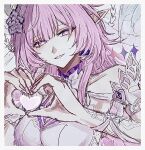  1girl bare_shoulders blue_ribbon blunt_bangs border breasts commentary_request cyrene_(demiurge)_(honkai:_star_rail) cyrene_(honkai:_star_rail) detached_sleeves diamond-shaped_pupils diamond_(shape) dress earrings fingernails flower four-pointed_star hair_flower hair_ornament hair_ribbon hands_up heart heart_hands heart_ornament highres honkai:_star_rail honkai_(series) jewelry large_breasts long_hair looking_at_viewer multicolored_hair nail_polish pink_eyes pink_hair pink_nails planet_earrings pointy_ears purple_flower purple_rose r1r_ey ribbon rose short_sleeves sidelocks simple_background single_earring sleeveless sleeveless_dress smile solo streaked_hair symbol-shaped_pupils teeth white_background white_border white_dress white_hair white_sleeves 