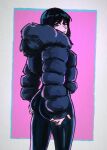  1girl ass black_hair black_jacket black_leggings black_pants blue_eyes commentary english_commentary fur-trimmed_jacket fur_trim grabbing_own_ass highres hood hood_down hooded_jacket huge_ass jacket leggings medium_hair nico_robin one_piece pants simple_background solo tight_clothes tight_pants xandredarium22 