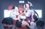  4girls absurdres alternate_breast_size_(larger) aru_(blue_archive) black_bow black_bowtie black_hair black_skirt black_thighhighs blue_archive blunt_bangs blush bow bowtie breasts chair choker commentary demon_horns demon_wings hair_between_eyes hair_bow hairband halo hand_on_own_chest haruka_(blue_archive) highres horns huge_breasts kayoko_(blue_archive) kneeling large_breasts long_hair looking_at_viewer low_wings multicolored_hair multiple_girls mutsuki_(blue_archive) pleated_skirt pointy_ears ponytail problem_solver_68_(blue_archive) purple_eyes purple_hair purple_halo red_bow red_bowtie red_eyes red_hair red_halo shangdi_de_fa_zhang shirt single_wing sitting skirt smile thick_thighs thighhighs thighs white_hair white_halo white_shirt wings 