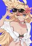  1girl arm_up azuki_neko bikini blonde_hair blue_background blue_eyes breasts cleavage collarbone dark_skin feathered_wings flower granblue_fantasy hair_flower hair_ornament harut_(granblue_fantasy) head_wings hibiscus large_breasts long_hair looking_at_viewer navel one_eye_closed open_clothes open_shirt red_flower shirt sketch solo standing sunglasses swimsuit tied_shirt upper_body very_long_hair white_shirt wings 