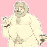  1:1 2019 anthro balls belly blush felid hi_res humanoid_hands lion male mammal moobs nipples one_eye_closed overweight overweight_male pantherine penis pink_background simple_background solo taki_takoyakis wink 