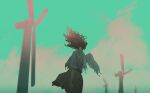  0xmalam 1girl angel_wings blue_sky cigarette cloud denim denim_jacket facing_away floating_hair haibane_renmei highres holding holding_cigarette jacket reki_(haibane_renmei) shirt sky solo_focus sparks wind_turbine wings 