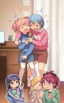  5girls akemi_homura bedroom black_hair blonde_hair blue_hair blue_sweater cellphone curtains desk drill_hair full_body gloamy green_jacket hair_brush highres holy_quintet jacket kaname_madoka kneehighs long_hair mahou_shoujo_madoka_magica mahou_shoujo_madoka_magica_(anime) miki_sayaka miniskirt monitor multiple_girls phone pillow pink_hair pink_sweater ponytail red_hair sakura_kyoko short_hair short_twintails shorts singing skirt smartphone socks speaker stuffed_animal stuffed_frog stuffed_toy sweater tomoe_mami twin_drills twintails upper_body white_socks 