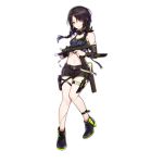  1girl ankle_boots arm_sheath bandana belt_pouch black_gloves black_hair boots braid bullet crop_top elbow_gloves finger_gun finger_on_trigger girls_frontline gloves green_eyes green_trim gun hair_over_one_eye highleg highleg_panties knife_holster long_hair looking_at_viewer mac-10 mac-10_(girls_frontline) magazine_(weapon) official_art panties parted_lips pouch sa_(h28085) sheath short_shorts short_twintails shorts solo stitches submachine_gun thigh_strap transparent_background twin_braids twintails underwear weapon 