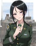  1girl 2nd_division absurdres alternate_costume artist_name black_eyes black_hair breasts buttons caterpillar_tracks chieftain_art13 chouno_ami collar_tabs collared_shirt commentary commentary_request emblem epaulettes girls_und_panzer green_jacket green_necktie grin highres holding_own_neckwear insignia jacket japan_ground_self-defense_force japan_self-defense_force large_breasts long_sleeves looking_at_viewer military military_dress_uniform military_jacket military_uniform military_vehicle mixed-language_commentary motor_vehicle necktie open_mouth patch ribbon_bar shirt short_hair shoulder_boards sidelocks smile solo swept_bangs tank tank_turret type_10_(tank) upper_body white_shirt 
