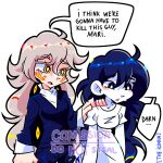  2girls artist_name black_eyes black_hair brown_hair charlotte_wiltshire_(v19) colored_skin commentary commission dress english_commentary english_text hair_behind_ear hand_on_another's_shoulder hello_charlotte highres i_think_we're_gonna_have_to_kill_this_guy_steven_(meme) long_hair long_sleeves mari_(omori) mari_(spirit)_(omori) meme multiple_girls omori orange_eyes parted_lips short_sleeves simple_background speech_bubble theicinha white_background white_dress white_skin 