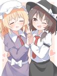  2girls absurdres asymmetrical_sidelocks black_hat black_skirt blonde_hair blush border bow brown_eyes brown_hair closed_eyes collared_dress collared_shirt commentary commission commissioner_upload contrast_collar dress embarrassed english_commentary hair_bow hand_on_another's_hip hat hat_bow haya_s2 heart highres holding_hands interlocked_fingers long_sleeves maribel_hearn medium_hair mob_cap multiple_girls neck_ribbon necktie non-web_source one_eye_closed open_mouth orange_background purple_dress red_necktie red_ribbon ribbon sash shirt shirt_tucked_in sidelocks skeb_commission skirt sleeve_garter smile sweatdrop tie_clip touhou usami_renko white_border white_bow white_hat white_sash white_shirt yuri 