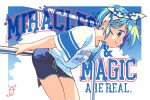  1girl alternate_costume blue_bow blue_eyes bow clear_sky commentary english_commentary english_text feet_out_of_frame from_side gloamy guard_rail hair_bow hair_ornament hairclip highres mahou_shoujo_madoka_magica mahou_shoujo_madoka_magica_(anime) miki_sayaka shirt short_hair short_shorts shorts sky smile solo t-shirt upper_body 