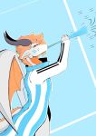 absurd_res anthro argentina argentina_flag celebration clothing dragon fur furred_dragon furred_scalie grey_body hair hi_res horn male mythological_creature mythological_scalie mythology orange_hair orange_wings scalie simple_background solo thomas_lipsen tobiasnana vuvuzela wings world_cup