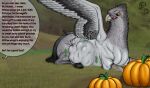 2025 ambiguous_gender avian beak belly big_belly black_eyes black_hooves black_tail buckbeak_(harry_potter) dragonczech english_text european_mythology feral food fruit good_boy grass greek_mythology grey_beak grey_belly grey_body grey_legs grey_wings harry_potter_(series) hi_res hippogriff hooves horse_tail mythological_avian mythological_creature mythology offscreen_character plant pumpkin rumbling_stomach speech_bubble tail text tongue tongue_out vore watermark wings