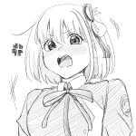  1girl anger_vein blush collared_dress commentary_request dress hair_ribbon highres inoki_lycoreco looking_at_viewer lycoris_recoil lycoris_uniform neck_ribbon nishikigi_chisato one_side_up open_mouth ribbon short_hair solo upper_body 