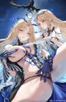  2girls absurdres bare_shoulders black_panties blonde_hair blue_eyes blue_hair blue_nails blush breasts cartethyia_(wuthering_waves) colored_extremities colored_inner_hair commentary covering_nipples covering_privates dress dual_persona earrings fingernails fleur-de-lis fleurdelys_(wuthering_waves) floating_earrings furhaung highres horns jewelry large_breasts long_fingernails long_hair long_horns looking_at_another looking_at_viewer multicolored_hair multiple_girls necklace out_of_character panties parted_bangs parted_lips pointy_ears sharp_fingernails sharp_teeth single_horn small_breasts smile spread_legs tacet_mark_(wuthering_waves) teeth thighs underwear white_dress wuthering_waves yellow_horns 
