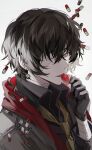  1boy absurdres bandage_over_one_eye bandaged_arm bandaged_neck bandages baocaizi black_gloves black_hair brown_eyes brown_necktie bungou_stray_dogs chinese_commentary commentary dazai_osamu_(bungou_stray_dogs) food fruit gloves hair_between_eyes highres licking_food looking_at_viewer loose_necktie male_focus necktie pill short_hair simple_background strawberry upper_body white_background 