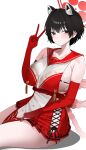  1girl absurdres animal_ears blue_archive breasts clothing_cutout commentary cross-laced_clothes cross-laced_cutout extra_ears gloves halo highres large_breasts looking_at_viewer raccoon_ears raccoon_girl red_gloves red_halo red_sailor_collar rope rope_belt sailor_collar seueo shimenawa side_cutout sideless_outfit single_breast_curtain solo tsubaki_(blue_archive) v white_background 