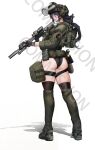  1girl absurdres ammunition_pouch ar-15 ass assault_rifle bcm_mcmr belt black_one-piece_swimsuit black_thighhighs blue_eyes breasts bulletproof_vest chest_rig closed_mouth combat_helmet commission from_behind full_body g&amp;k-cmdr green_jacket gun handgun headset helmet highres holding holding_weapon jacket large_breasts long_hair looking_at_viewer low_ponytail one-piece_swimsuit original ponytail pouch purple_hair rifle shoes simple_background sneakers solo standing swimsuit tactical_clothes taser thigh_strap thighhighs watch weapon white_background wristwatch 