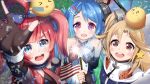  3girls ahoge american_flag azur_lane bangs bare_shoulders blonde_hair blue_eyes blue_hair blue_jacket cape cleveland_(azur_lane) dress fireworks flag gloves hair_ornament hairclip helena_(azur_lane) highres holding holding_flag jacket little_helena_(azur_lane) long_hair manjuu_(azur_lane) miniskirt multiple_girls necktie one_side_up pink_eyes red_eyes red_hair remirii san_diego_(azur_lane) skirt socks sparkler twintails younger 