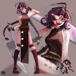  1girl alternate_hair_color antenna_hair artist_name belt blood blood_on_weapon boots braid breasts brown_belt brown_boots brown_dress brown_gloves choco_drizzle_cookie choco_drizzle_cookie_(cosplay) colored_blood commentary cookie_run cookie_run:_kingdom cosplay danganronpa:_trigger_happy_havoc danganronpa_(series) dress dual_persona english_commentary eyelashes fukawa_toko genocider_sho glasses gloves grey_background hair_between_eyes highres holding holding_knife holding_weapon huge_weapon knife legs_apart long_hair m1nt-1nk mole mole_under_mouth multicolored_hair multiple_views open_mouth oversized_object pelvic_curtain pink-framed_eyewear pink_blood purple_hair red_eyes reference_inset scar scar_on_leg simple_background smile standing streaked_hair tally teeth tongue tongue_out twin_braids twintails two-tone_hair weapon 
