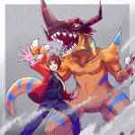 1boy ahoge black_pants black_shirt claws clenched_hands clenched_teeth commentary crossover digimon digimon_(creature) digimon_savers feet_out_of_frame geogreymon grey_background highres idolmaster idolmaster_side-m jacket kelvin1996c male_focus necktie open_clothes open_jacket pants red_eyes red_hair red_jacket sharp_teeth shirt spread_fingers teeth tendo_teru white_necktie yellow_eyes 