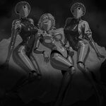  3girls atomic_heart black_background braid breasts clothed_robot crown_braid faceless faceless_female feet_out_of_frame greyscale highres humanoid_robot hyojin_en jacket joints large_breasts left_(atomic_heart) leotard lucy_(reverse:1999) lying metal_hair metal_skin monochrome multiple_girls on_back open_clothes open_jacket reverse:1999 right_(atomic_heart) robot robot_girl robot_joints short_hair star_(symbol) 