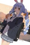  1girl alternate_costume ama_(ama_ekaku) animal_charm animal_ear_fluff animal_ears artist_name backpack bag black_bag black_jacket black_necktie blazer blue_hair blush_stickers bow braid building charm_(object) city collared_shirt commentary_request cowboy_shot cup disposable_cup double-parted_bangs drink drinking_straw drinking_straw_in_mouth dutch_angle ferris_wheel foliage grey_skirt hair_bow hair_ornament hairclip hands_up highres hikimayu holding holding_drink hololive hood hooded_jacket jacket letterboxed long_hair long_sleeves looking_at_viewer looking_to_the_side miniskirt multicolored_hair musical_note necktie orange_eyes orange_sky outdoors outside_border parallel_hairclips pekomon_(usada_pekora) pleated_skirt rabbit-shaped_pupils rabbit_ears rabbit_girl rabbit_hair_ornament school_uniform shade shirt short_eyebrows sidelocks skirt sky solo speech_bubble spoken_musical_note sunset symbol-shaped_pupils thick_eyebrows tree twin_braids twitter_username two-tone_hair usada_pekora virtual_youtuber white_bow white_hair white_shirt zipper_pull_tab 