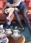  1boy 1girl cake commentary couch cup english_commentary food furina_(genshin_impact) genshin_impact hand_on_another's_leg hand_on_another's_waist hetero highres hydro_symbol_(genshin_impact) implied_kiss jewelry lower_body neimana neuvillette_(genshin_impact) on_couch pants plate ring ring_box saucer shorts sitting socks teacup thigh_strap vision_(genshin_impact) wedding_ring white_socks 