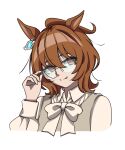  1girl absurdres adjusting_eyewear agnes_tachyon_(umamusume) ahoge animal_ears bow brown_hair chemical_structure closed_mouth commentary earrings english_commentary fang ghuler glasses hair_between_eyes highres horse_ears horse_girl jewelry long_sleeves looking_at_viewer medium_hair red_eyes shirt simple_background single_earring smile solo sweater_vest umamusume upper_body white_background white_bow white_shirt white_sweater_vest 